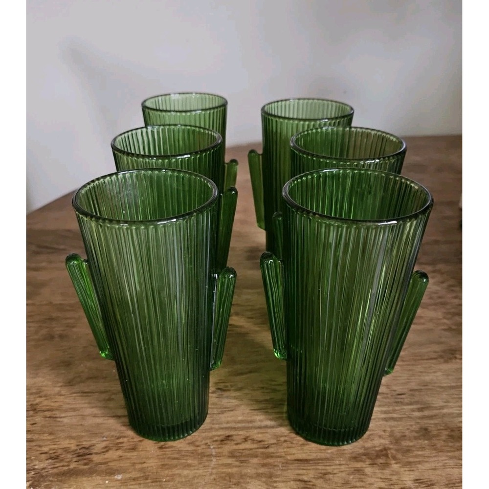 Set-6 Libbey Saguaro Cactus Glass Emerald Green 16 Oz Tumbler 7" 1970 Quality! - Picture 4 of 6